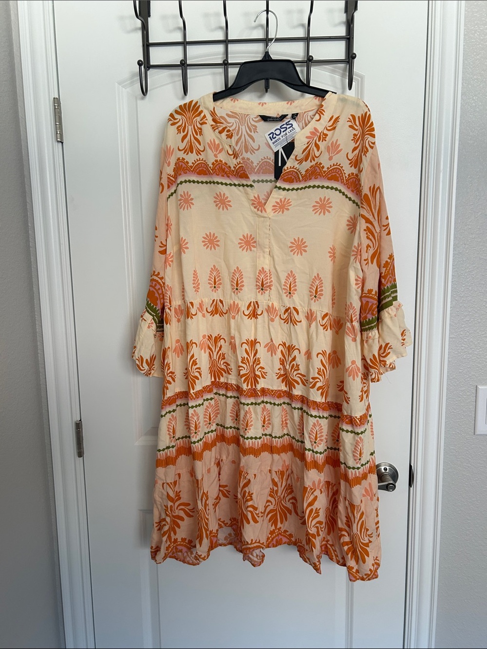 Mlle Gabrielle Cream Midi Dress with Orange Floral Print and Green Trim
